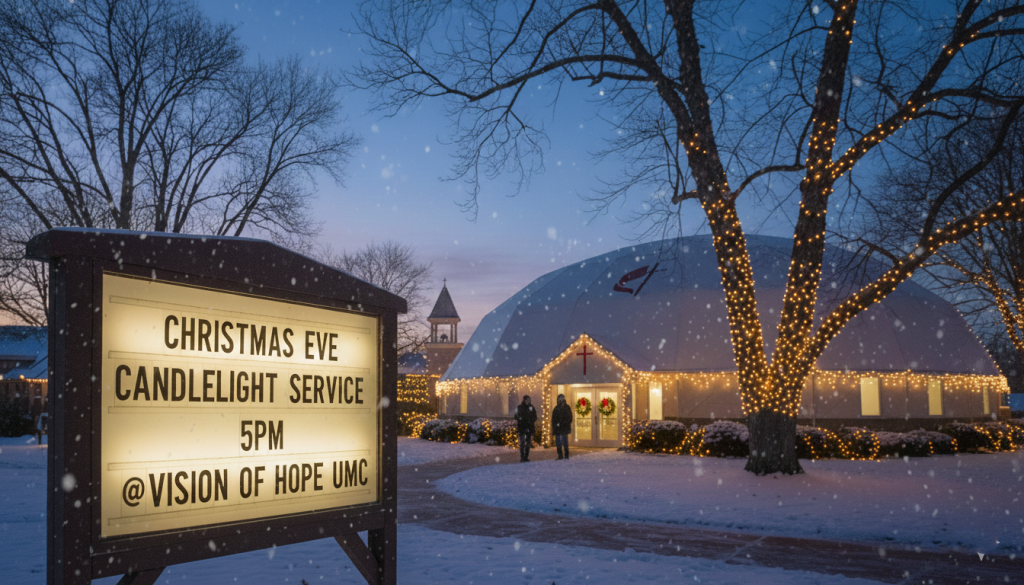 night scene of church sign and church